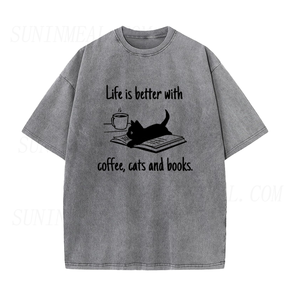 Life Is Better With Coffee Cats And Books Unisex Tee