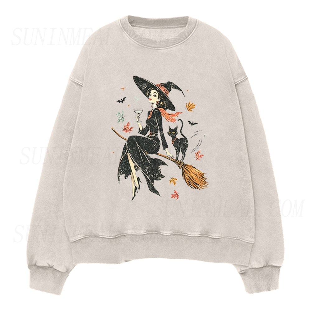 Vintage Witch & Cat Ringer Unisex Crewneck Sweatshirt