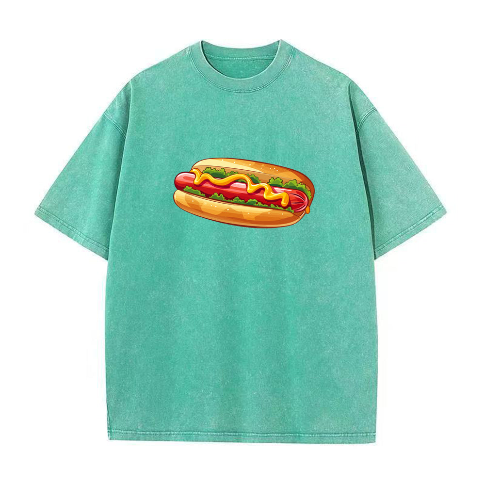 Green t-shirt with a hot dog graphic on a white background