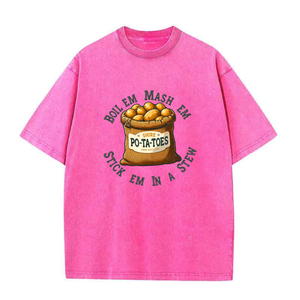 Pink t-shirt with potato-themed graphic and text on a white background