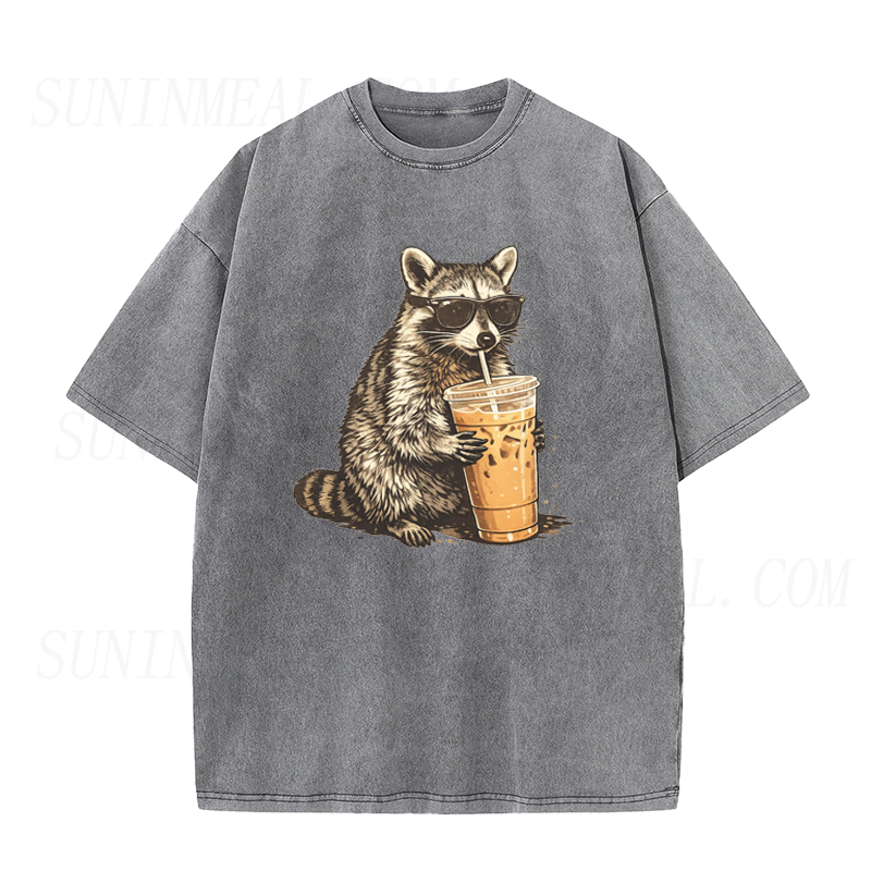 Raccoon Drinking Iced Coffee Unisex Tee