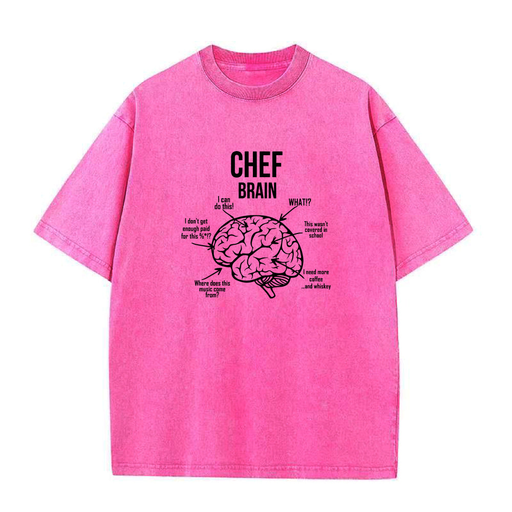 Pink t-shirt with a graphic of a brain and text on a white background