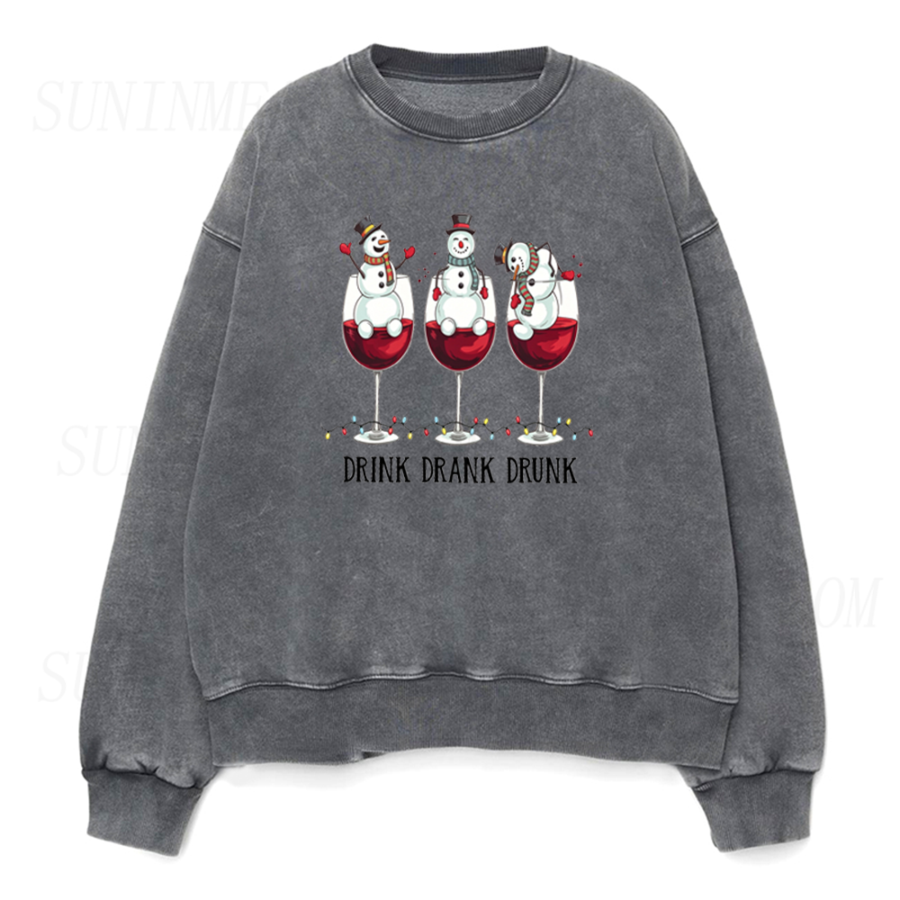 Drink Drank Drunk Funny Snowman Wine Glass Christmas Graphic Unisex Crewneck Sweatshirt