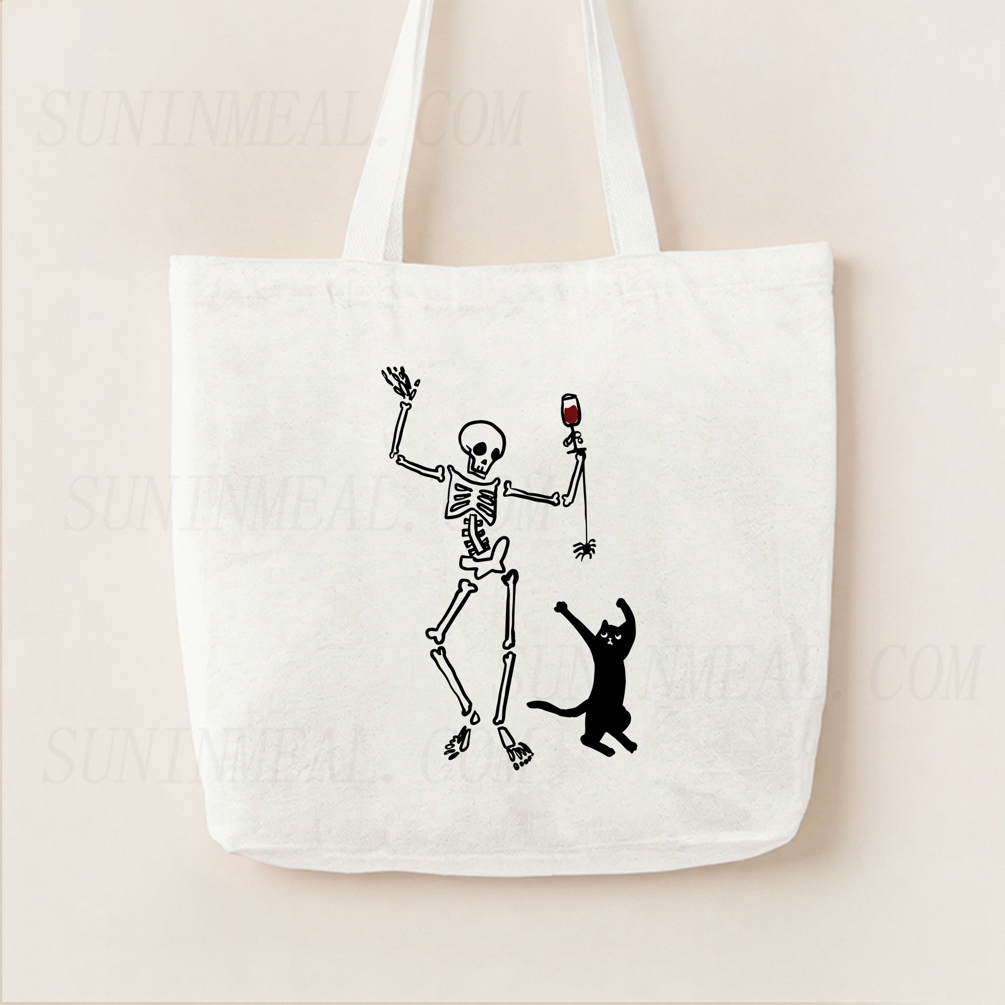 Dancing Skeleton and Cat Canvas Tote Bag