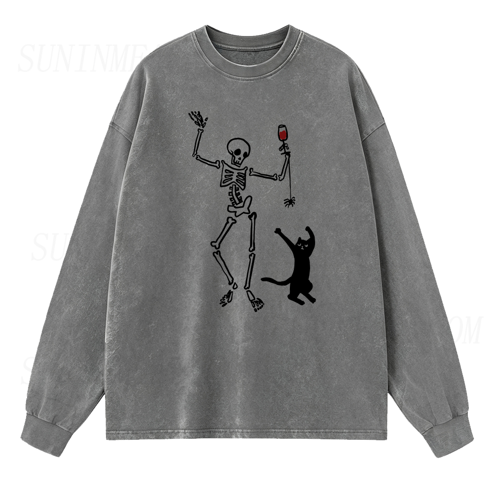 Dancing Skeleton and Cat Long Sleeve Unisex Tee