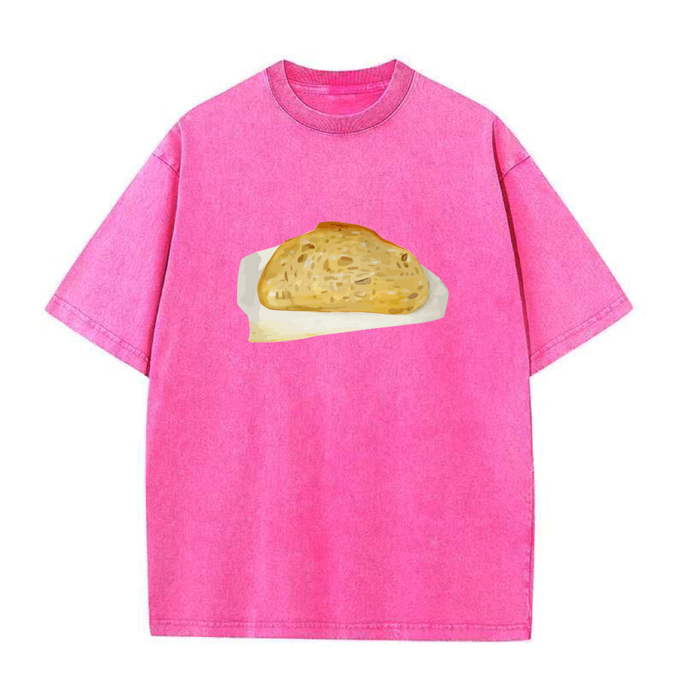 Pink t-shirt with a pastry graphic on a white background