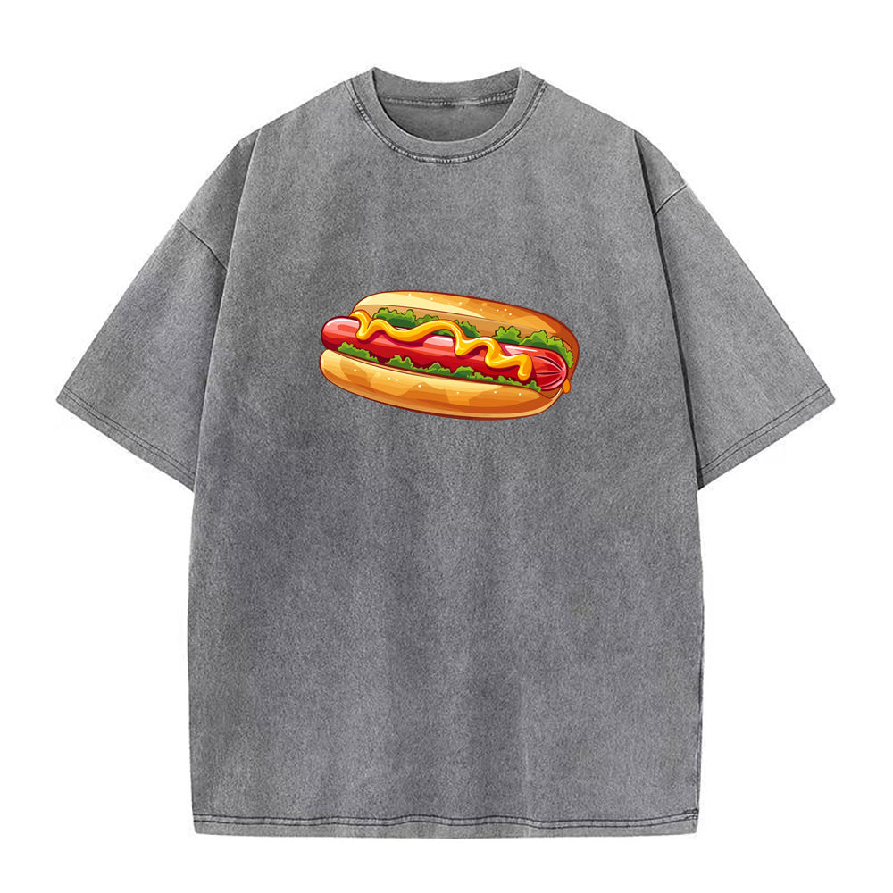 Gray t-shirt with a hot dog graphic on a white background