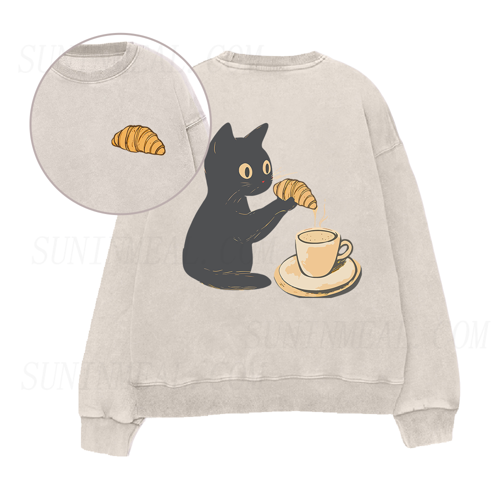 Cat Dipping Croissant in Coffee Unisex Crewneck Sweatshirt