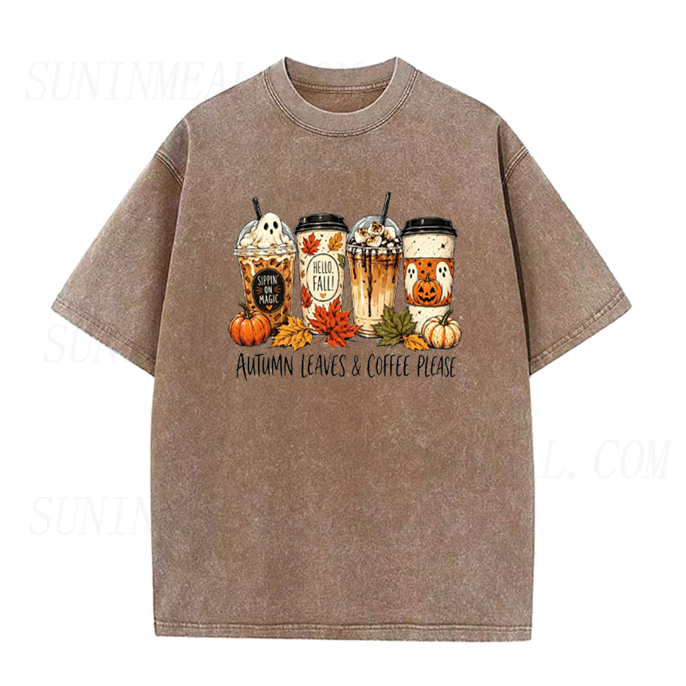 Autumn Leaves & Coffee Please Fall Halloween Unisex Tee