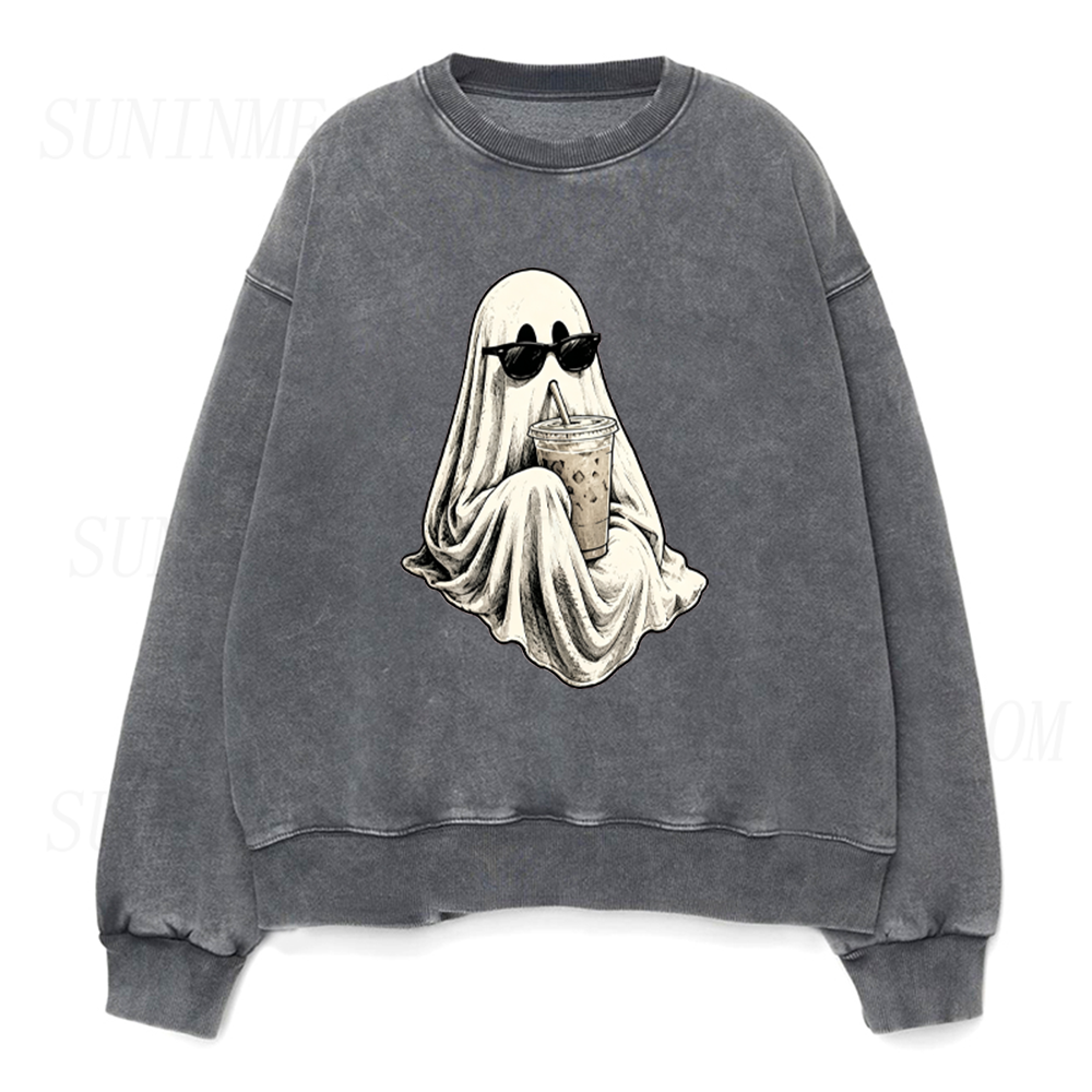 Ghost Drinking Coffee Halloween Unisex Crewneck Sweatshirt
