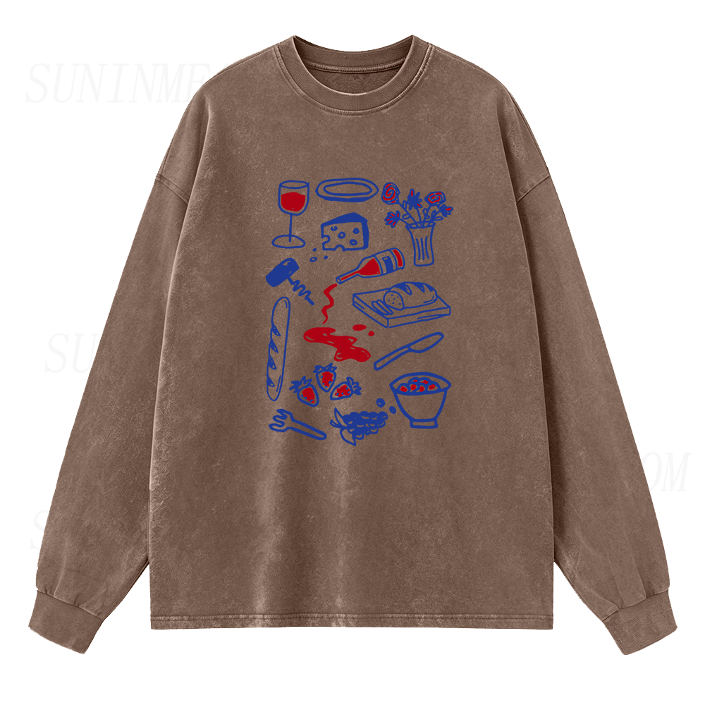 Wine Cheese Baguette and Fruits Long Sleeve Unisex Tee