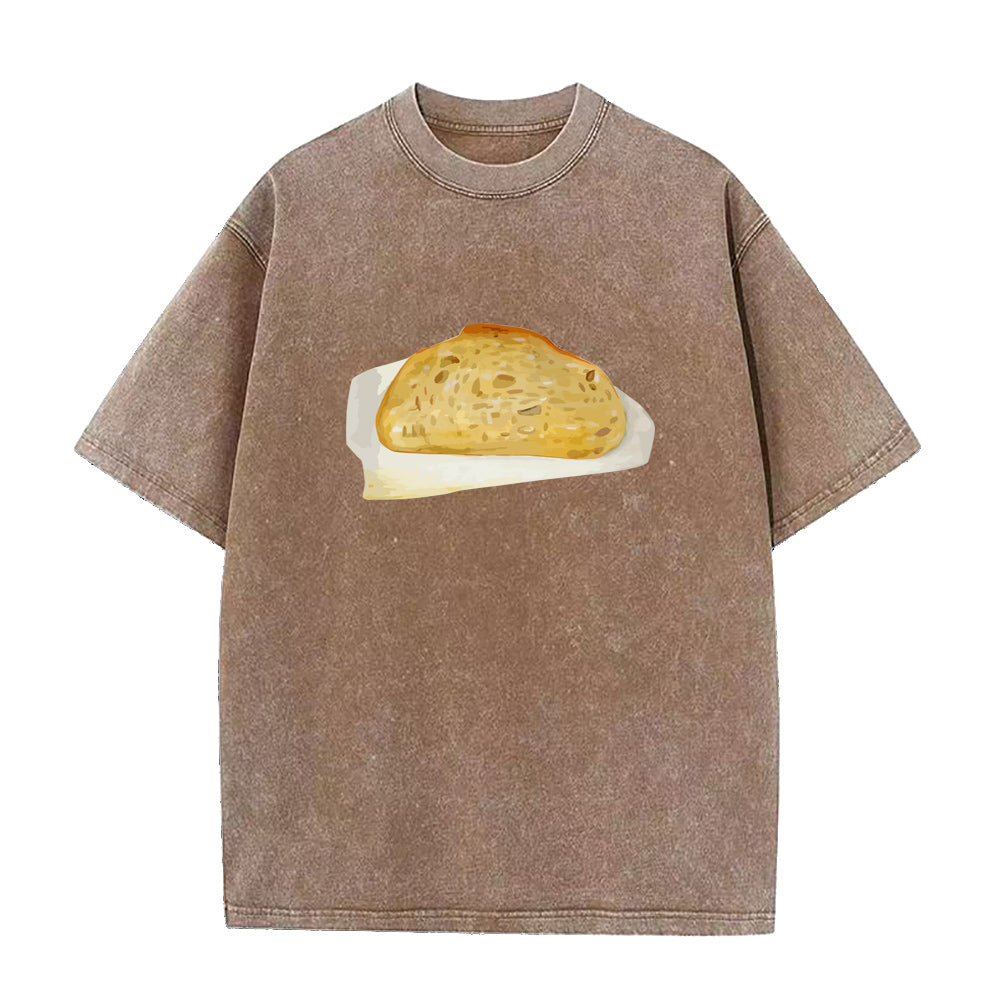 Brown t-shirt with a bread graphic on a white background