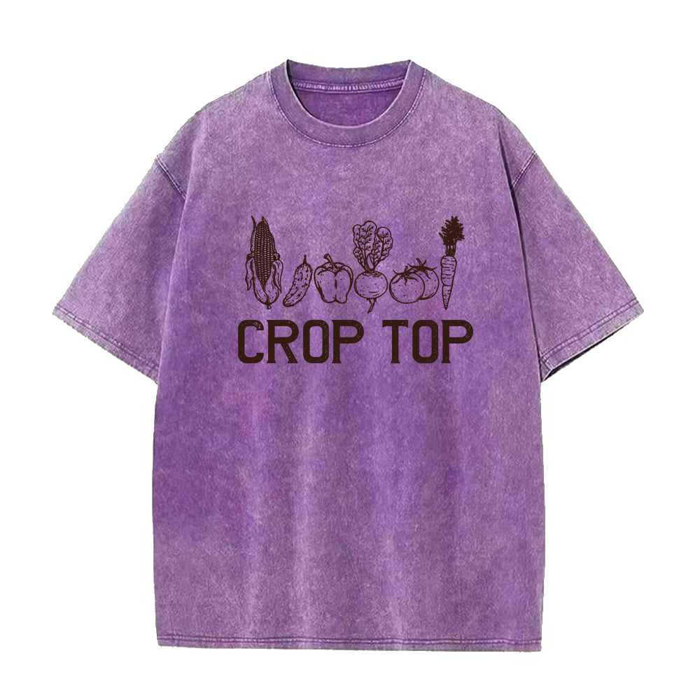 Purple t-shirt with vegetable graphics and 'CROP TOP' text on a white background