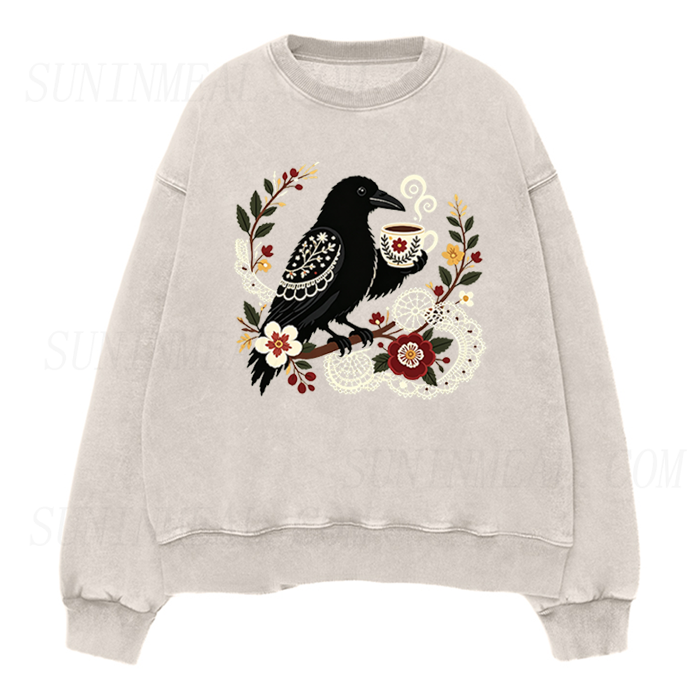 Crow with Vintage Coffee Cup Unisex Crewneck Sweatshirt