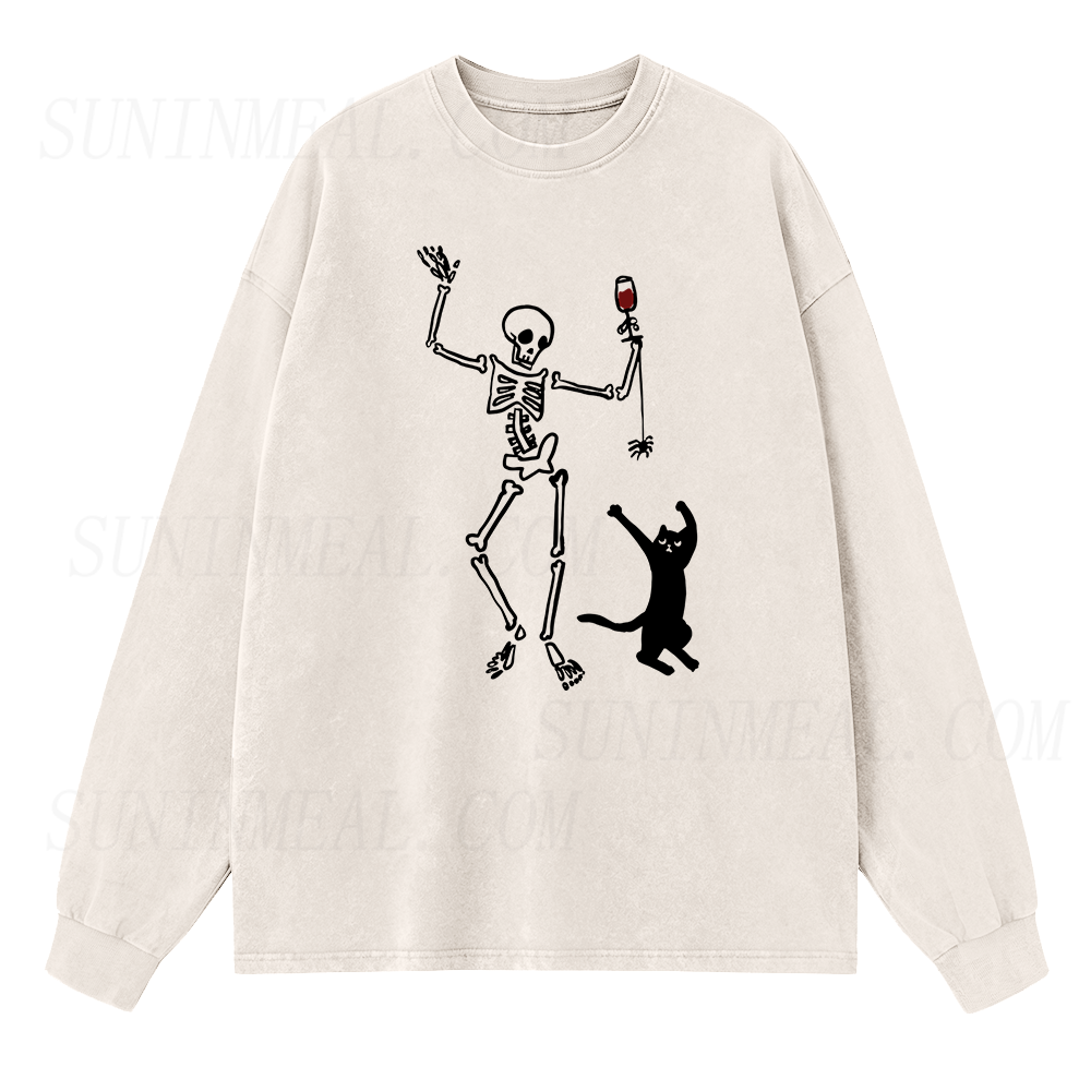 Dancing Skeleton and Cat Long Sleeve Unisex Tee