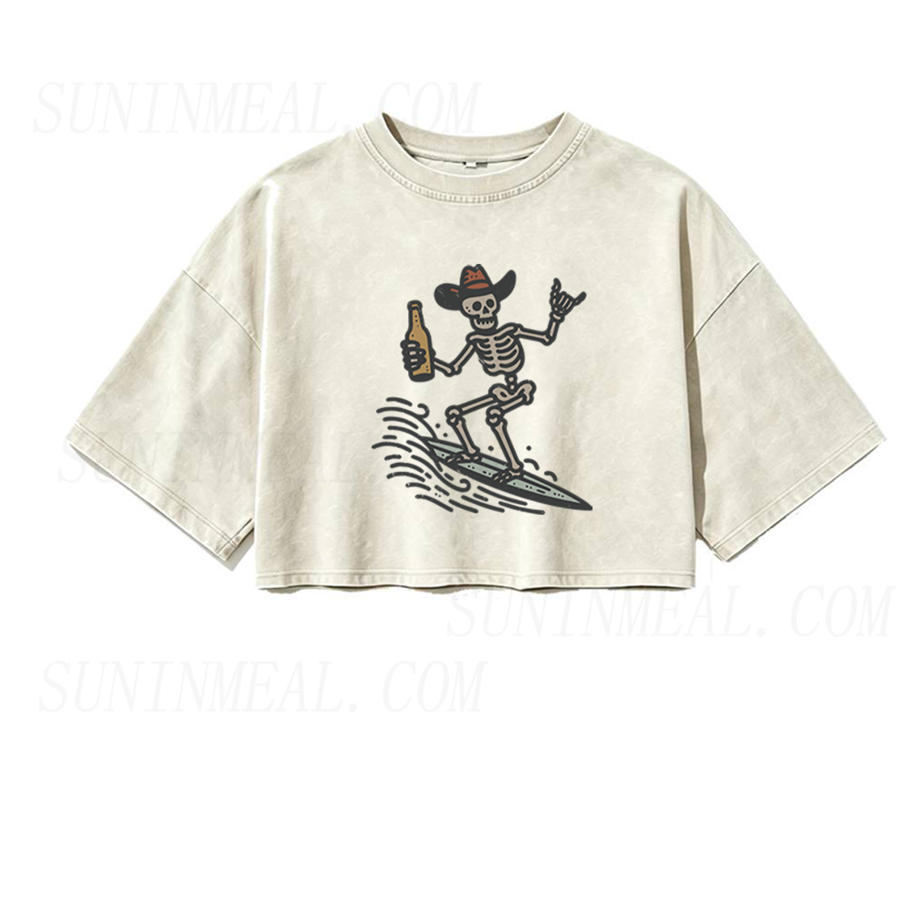 Vintage Surfer Skeleton Oversized Crop Tee