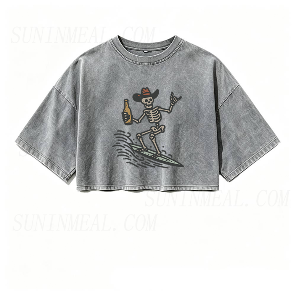 Vintage Surfer Skeleton Oversized Crop Tee