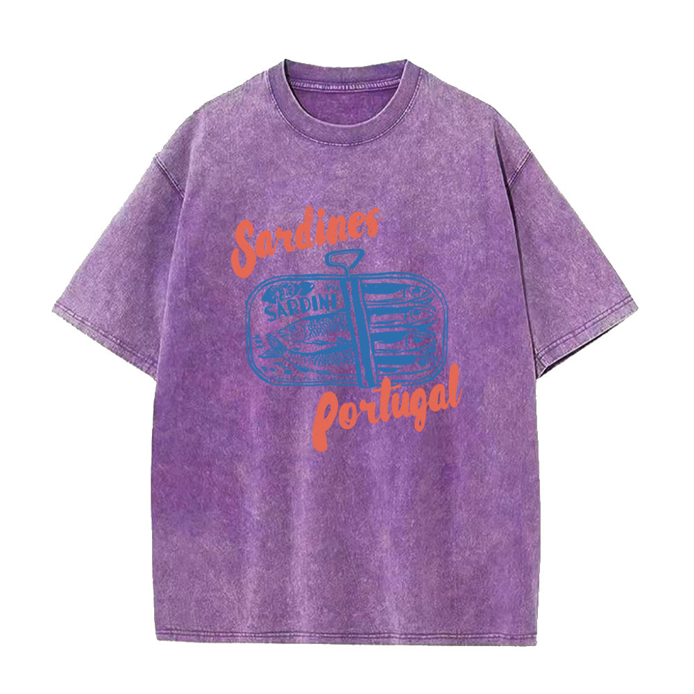 Purple t-shirt with 'Sardines from Portugal' graphic on a white background