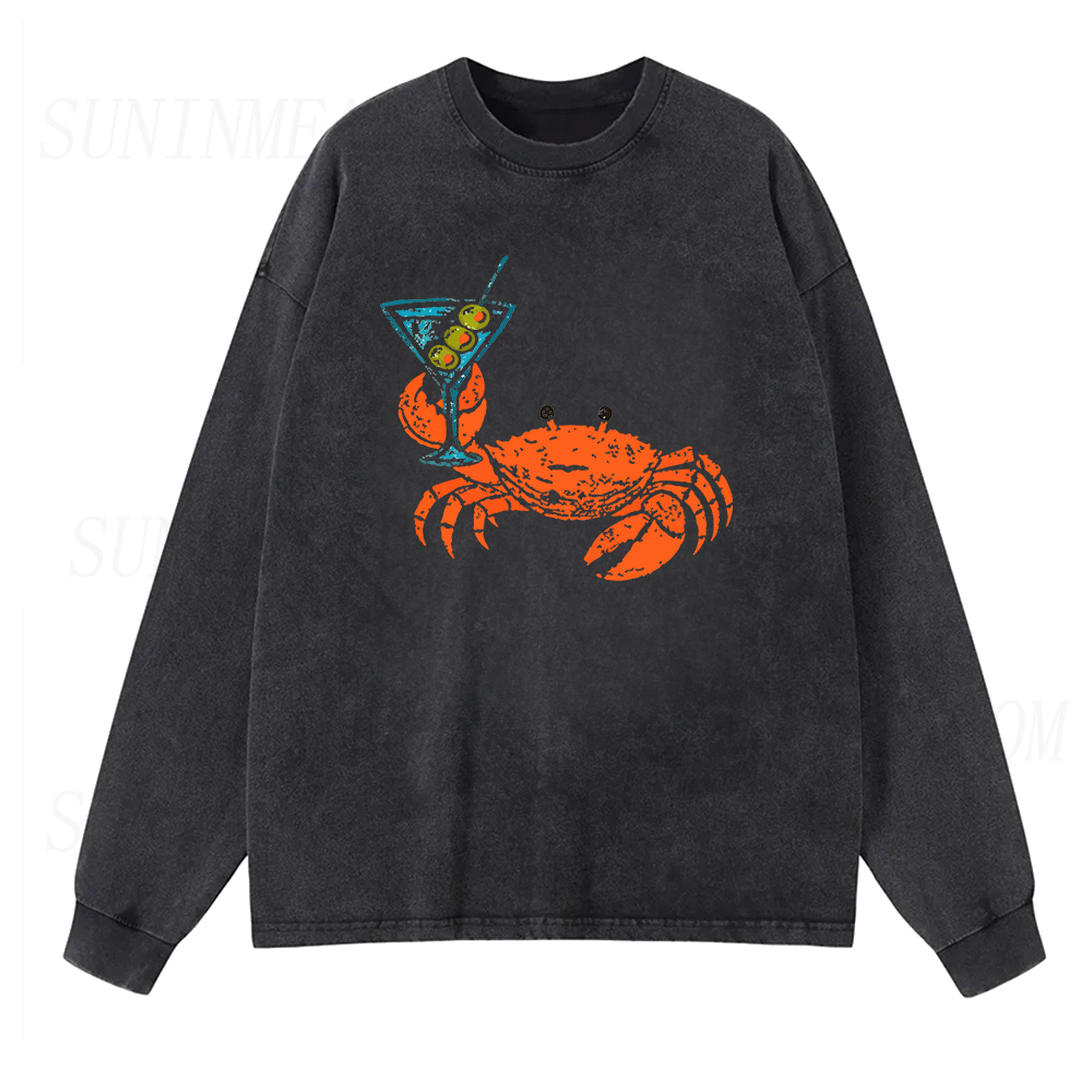 Funny Crab Holding Cocktail Long Sleeve Unisex Tee