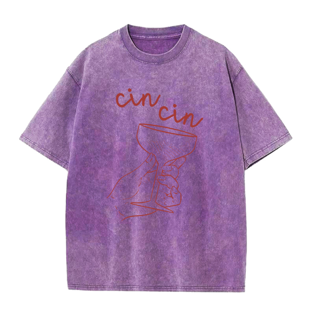 Purple t-shirt with red graphic design and 'cin cin' text on a white background