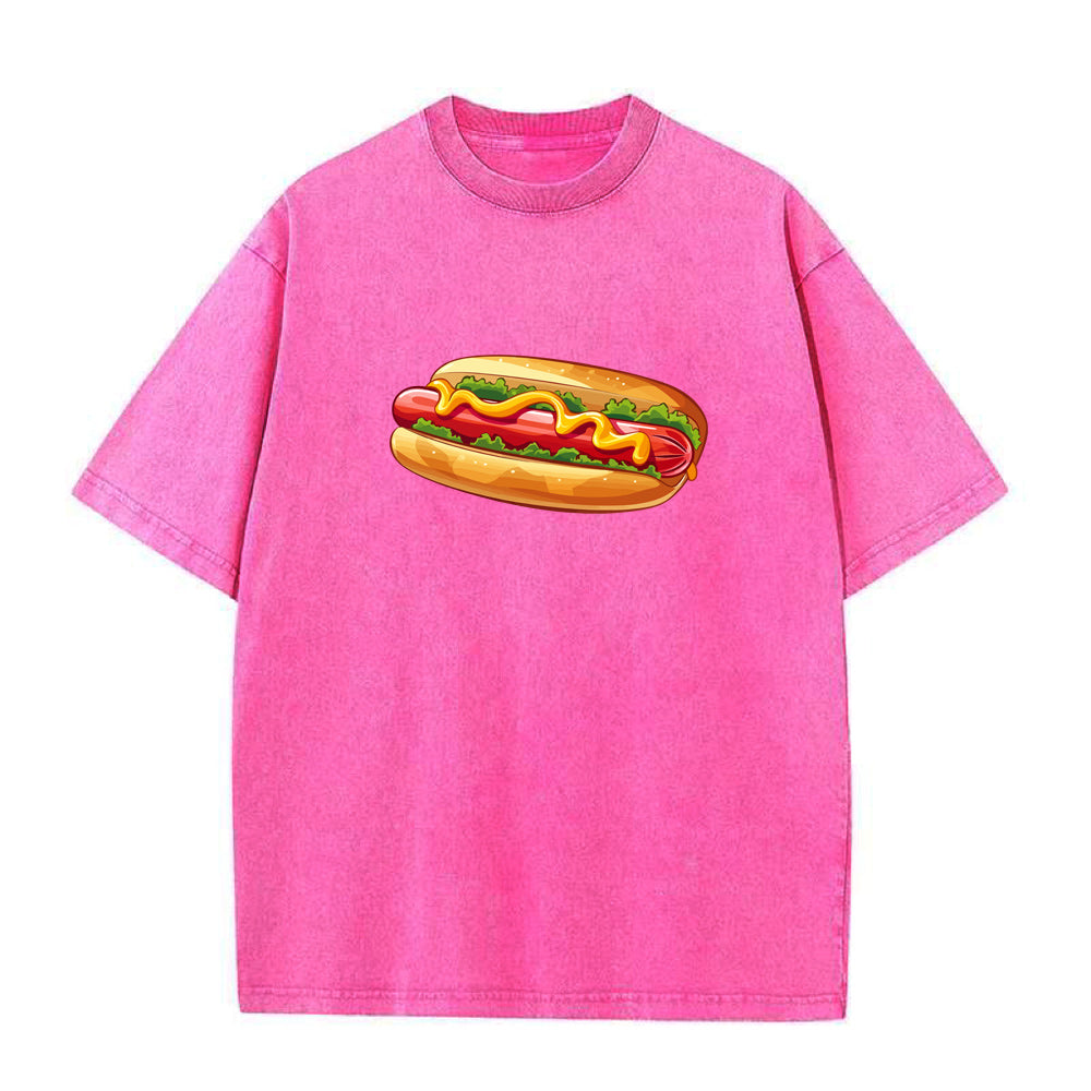 Pink t-shirt with a hot dog graphic on a white background