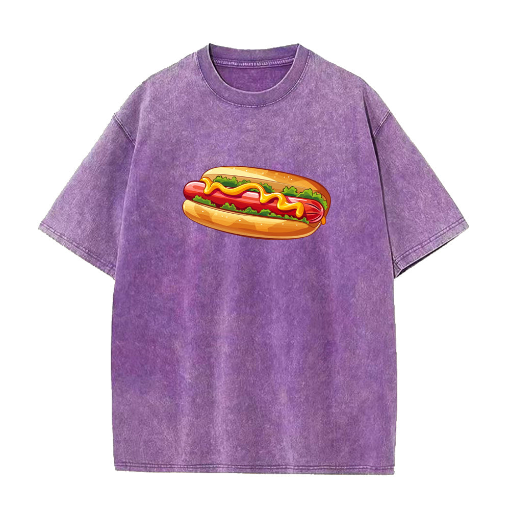 Purple t-shirt with a hot dog graphic on a white background