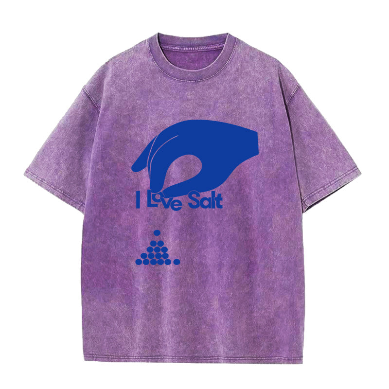 Purple t-shirt with blue graphic and text 'I Love Salt' on a white background
