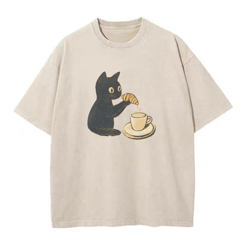 Cat Dipping Croissant in Coffee Unisex Tee