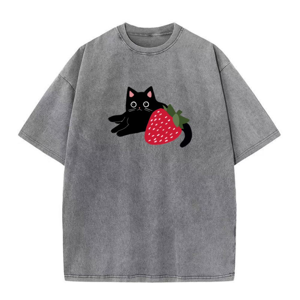 Gray t-shirt with black cat and strawberry design on a white background