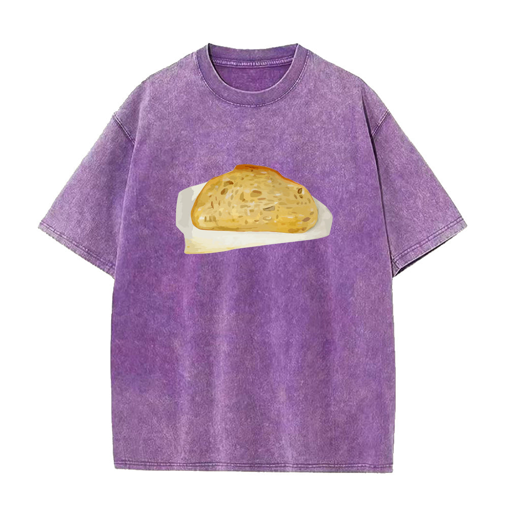Purple t-shirt with a bread graphic on a white background