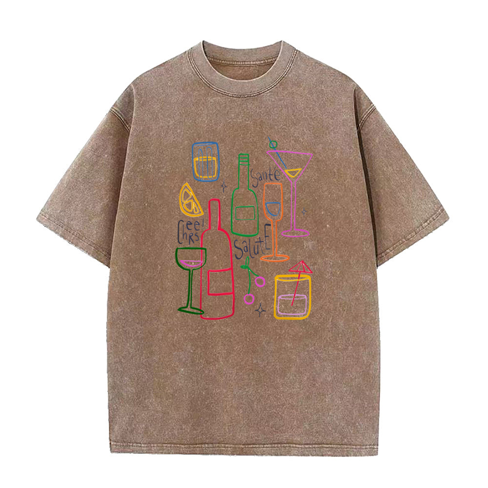 Brown t-shirt with colorful drink graphics on a white background
