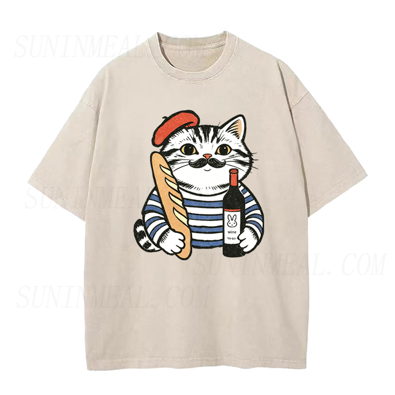 Cat with Baguette & Wine Unisex Tee