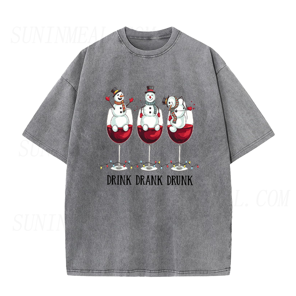 Drink Drank Drunk Funny Snowman Wine Glass Christmas Graphic Unisex Tee
