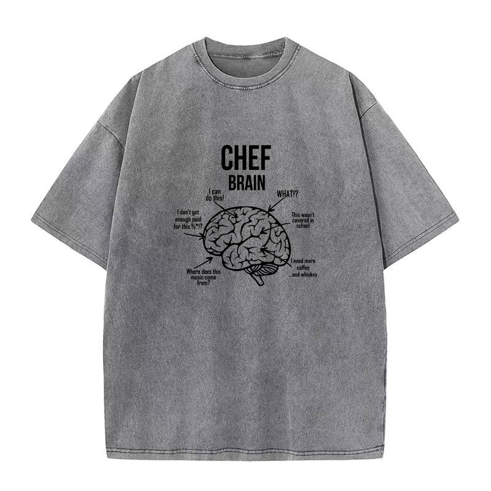 Gray t-shirt with a brain graphic and text on a white background