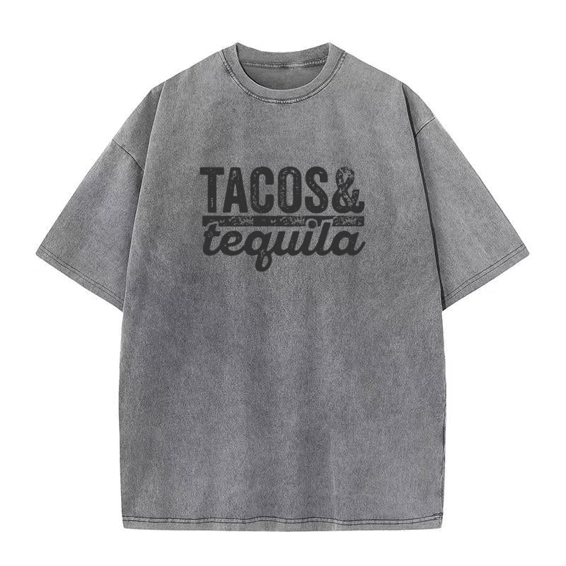 Oversized Gray t-shirt with 'Tacos & Tequila'