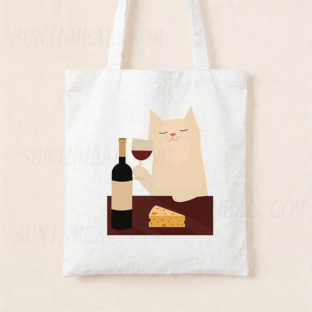 White Cat Wine Canvas Tote Bag