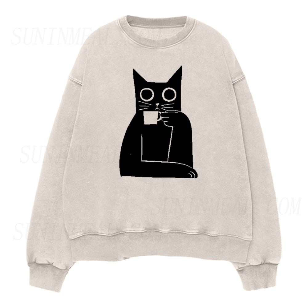 Black Cat Drinking Coffee Unisex Crewneck Sweatshirt