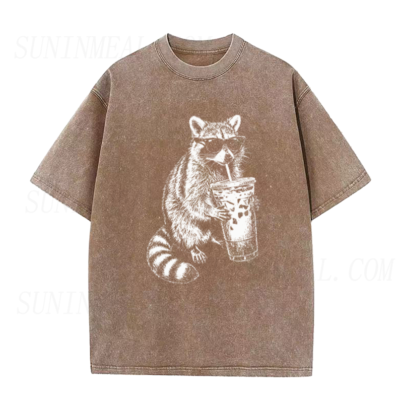 Raccoon Drinking Iced Coffee Unisex Tee