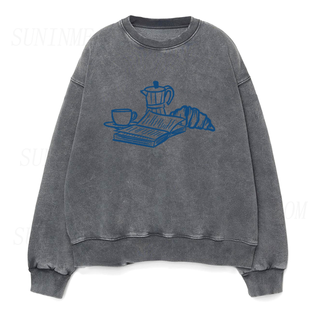 French Breakfast Coffee Book Croissant Unisex Crewneck Sweatshirt