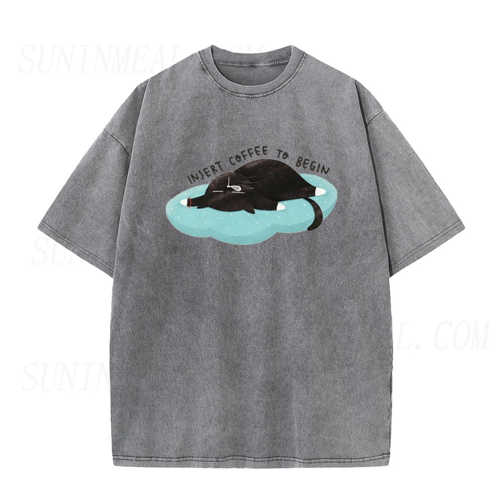 Insert Coffee To Begin Sleepy Black Cat Unisex Tee