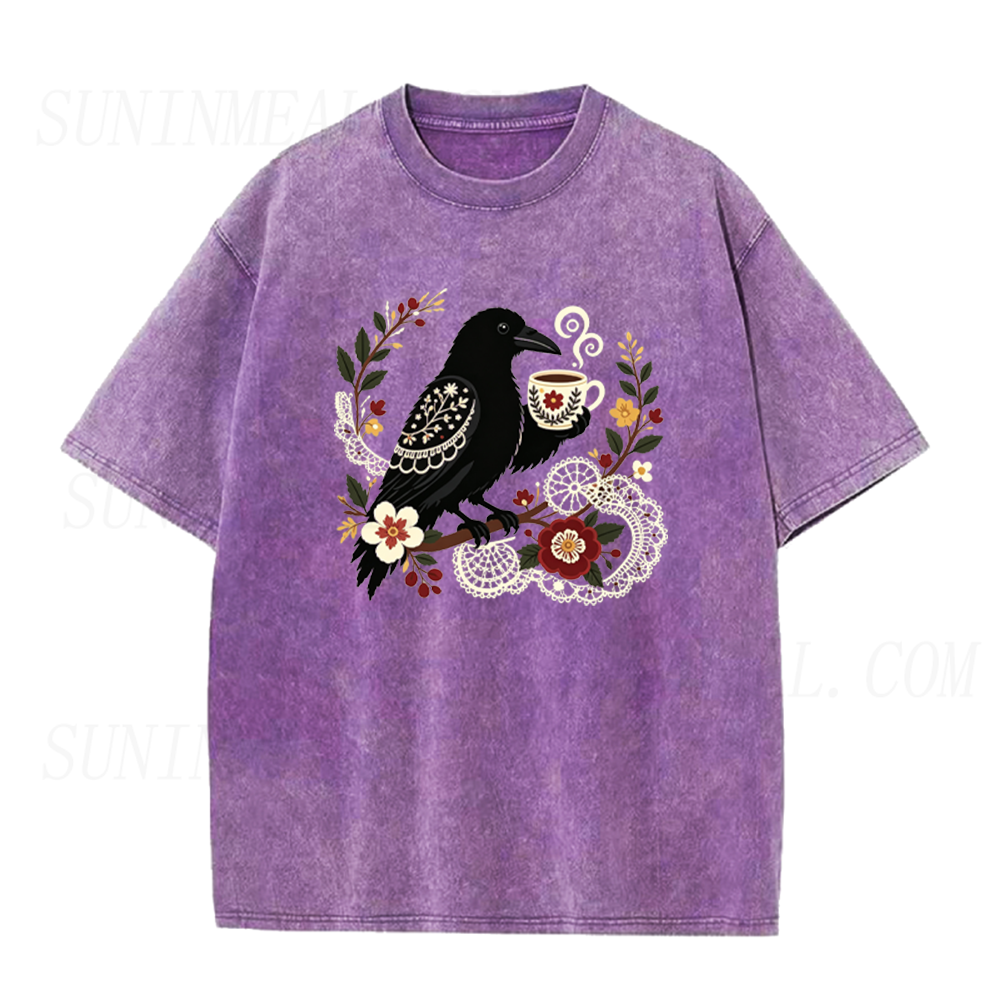 Crow with Vintage Coffee Cup Unisex Tee