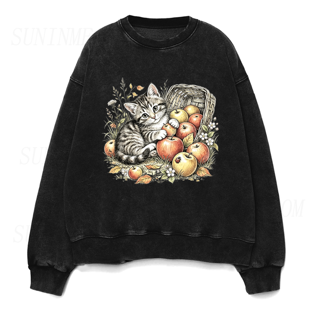 Vintage Cute Kitten Apple Basket Unisex Crewneck Sweatshirt