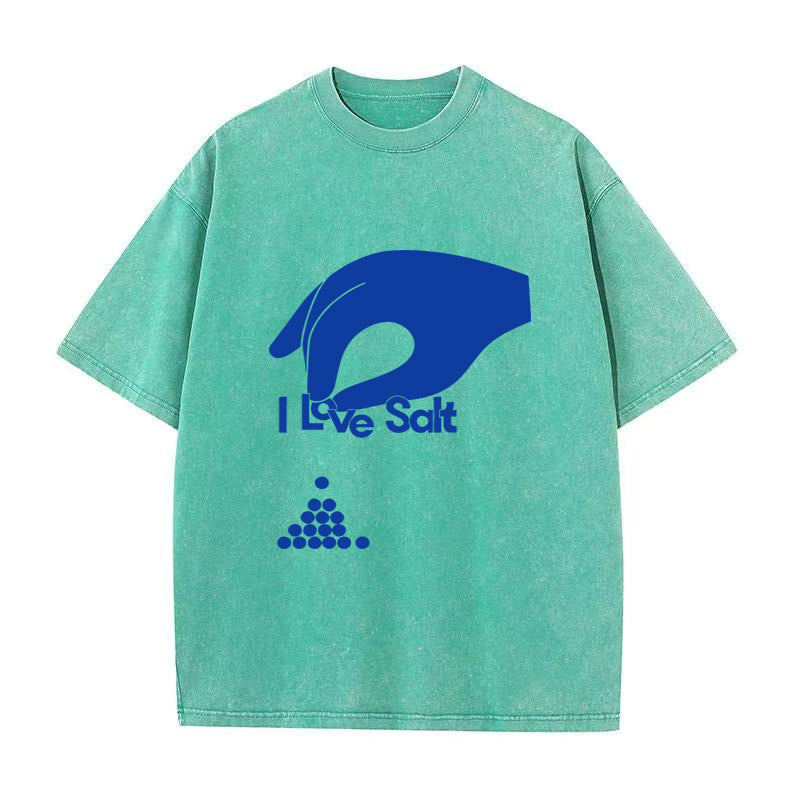 Green t-shirt with blue graphic and text 'I Love Salt' on a white background