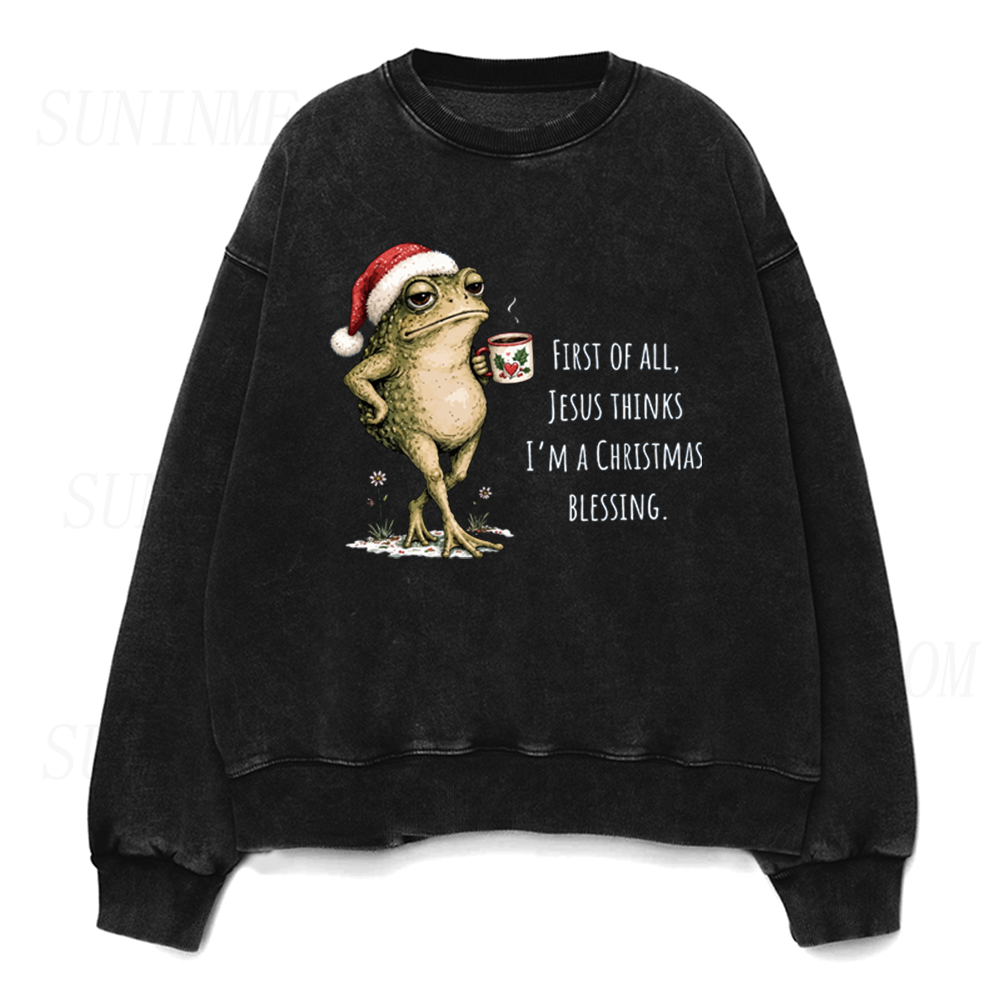 Funny Christmas Frog With Coffee Unisex Crewneck Sweatshirt