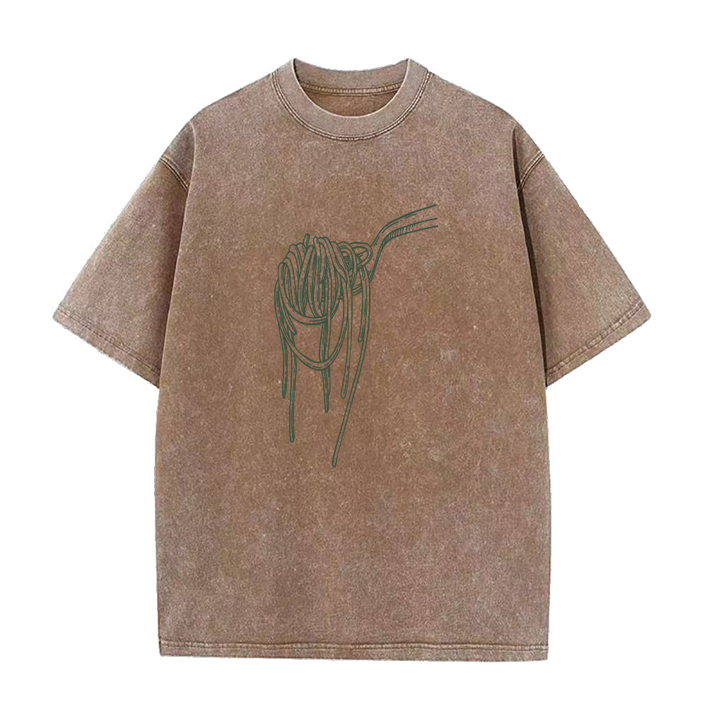 Brown t-shirt with green graphic design on a white background