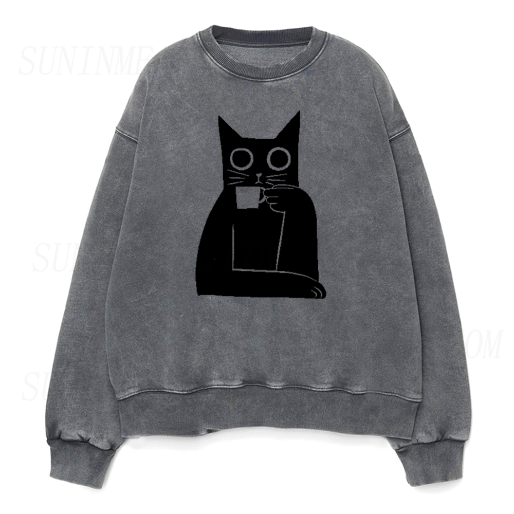 Black Cat Drinking Coffee Unisex Crewneck Sweatshirt