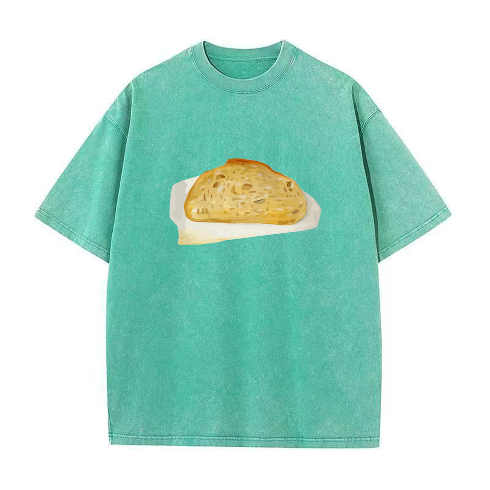 Green t-shirt with a bread graphic on a white background