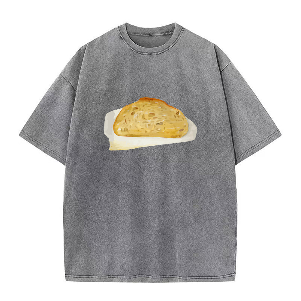 Gray t-shirt with a bread graphic on a white background