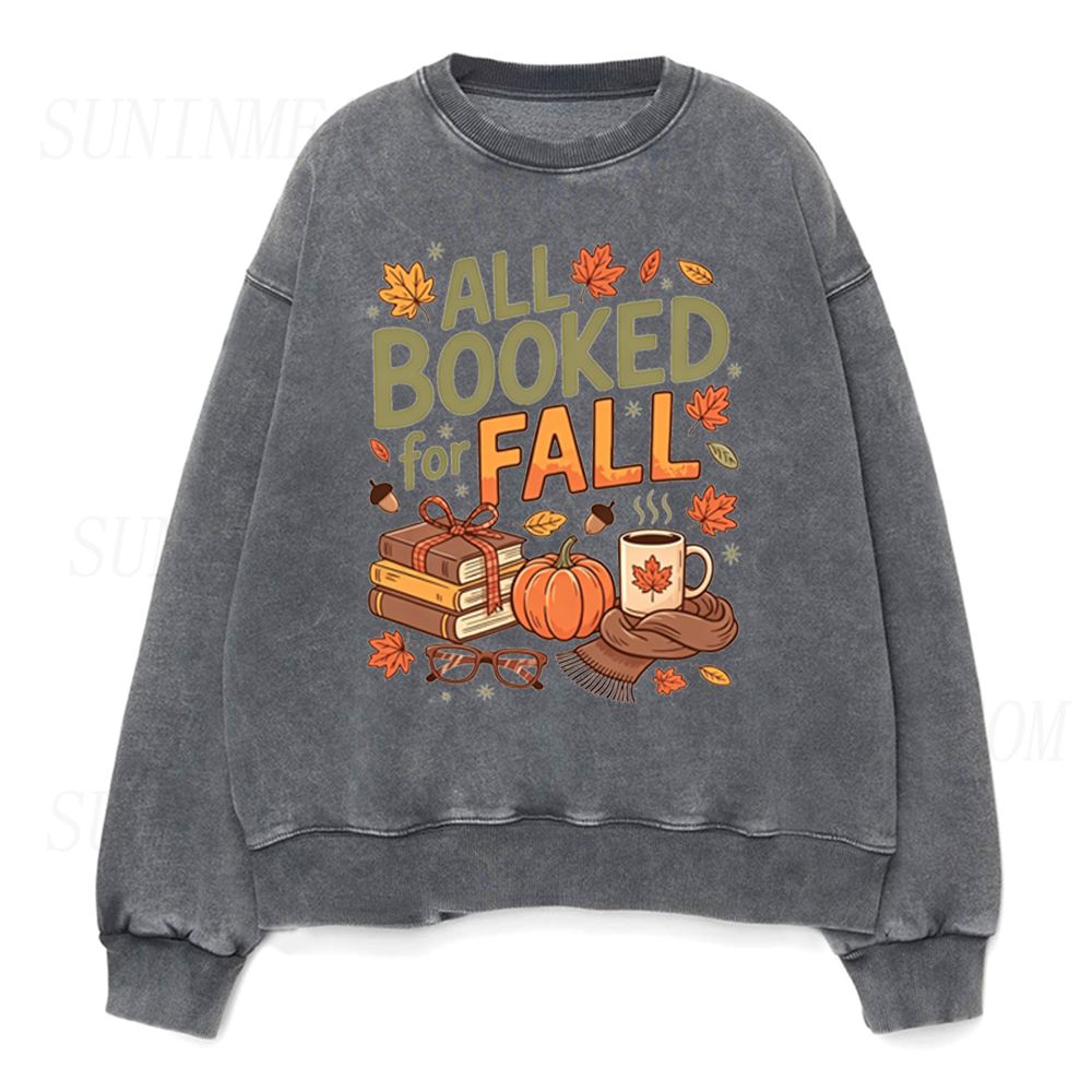 All Booked For Fall Autumn Book Pumpkin Coffee Unisex Crewneck Sweatshirt