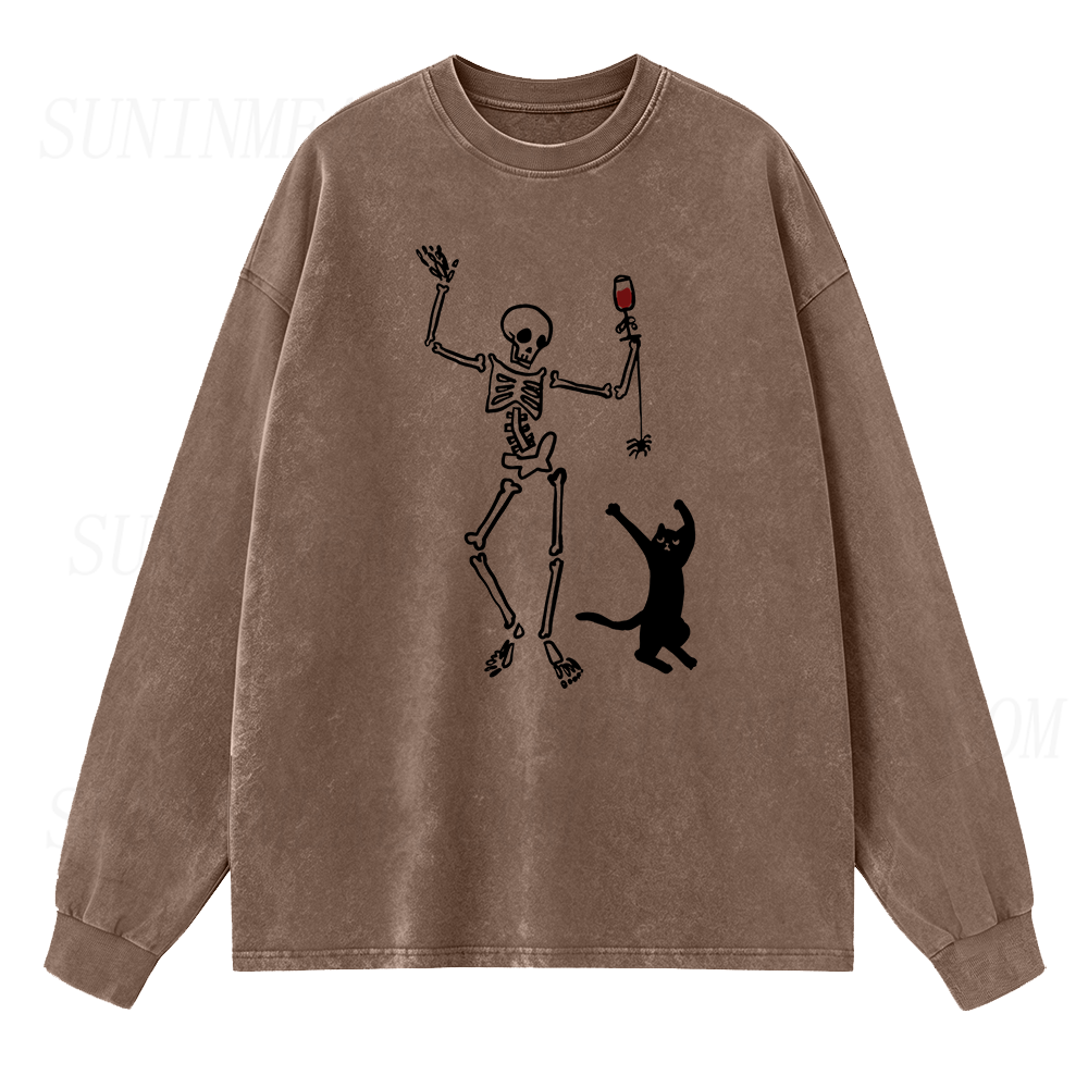 Dancing Skeleton and Cat Long Sleeve Unisex Tee